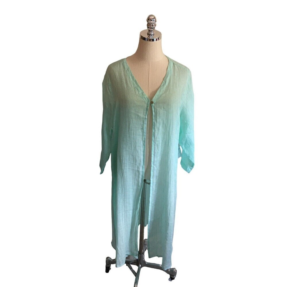 Color Me Cotton CMC Duster Women's Size Medium Seafoam Green Linen 3/4 Sleeve